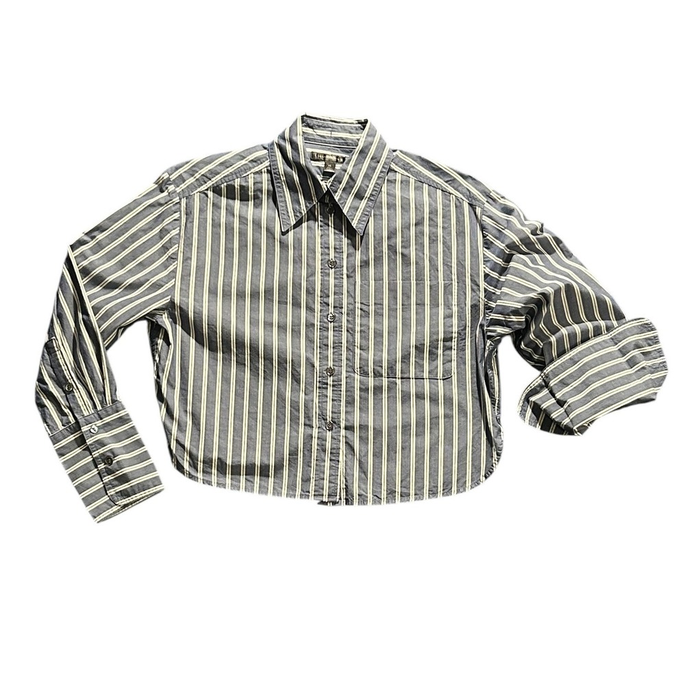Banana Republic Blue White Striped Cropped Button-Up Shirt XS Cotton Long Sleeve